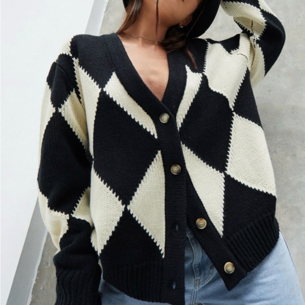 Pistola Black and Cream Oversized Argyle Cardigan XL (10-12)